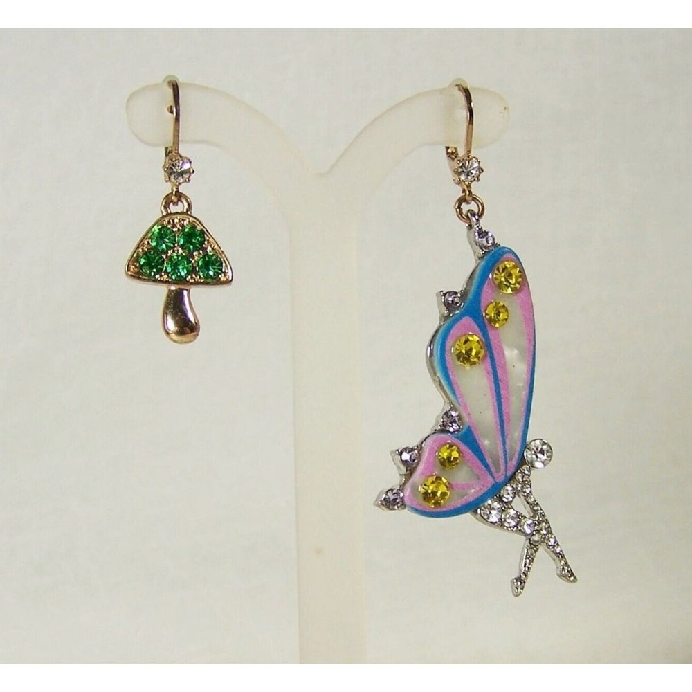 Betsey Johnson Fairy & Mushroom Mismatch Drop Earrings Lever Backs